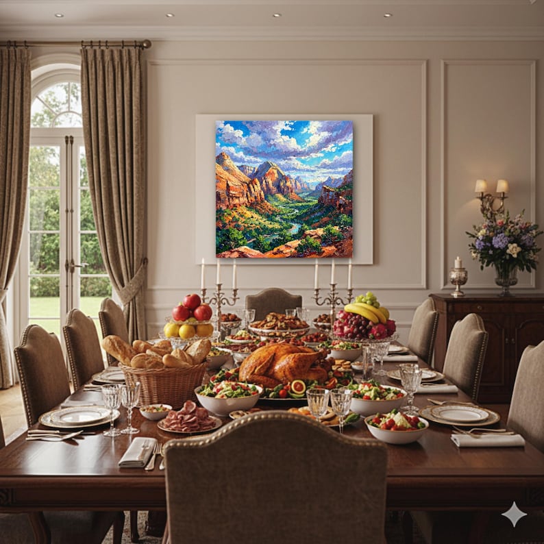 May include: A formal dining room with a long, dark wood table set for a meal. A large painting of a canyon landscape hangs on the wall. The table is laden with food, including a roasted turkey, salads, and fruit.