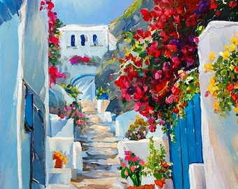 Santorini Greece Oil Painting: Original Impasto Oil Seascape, Greek Island Art