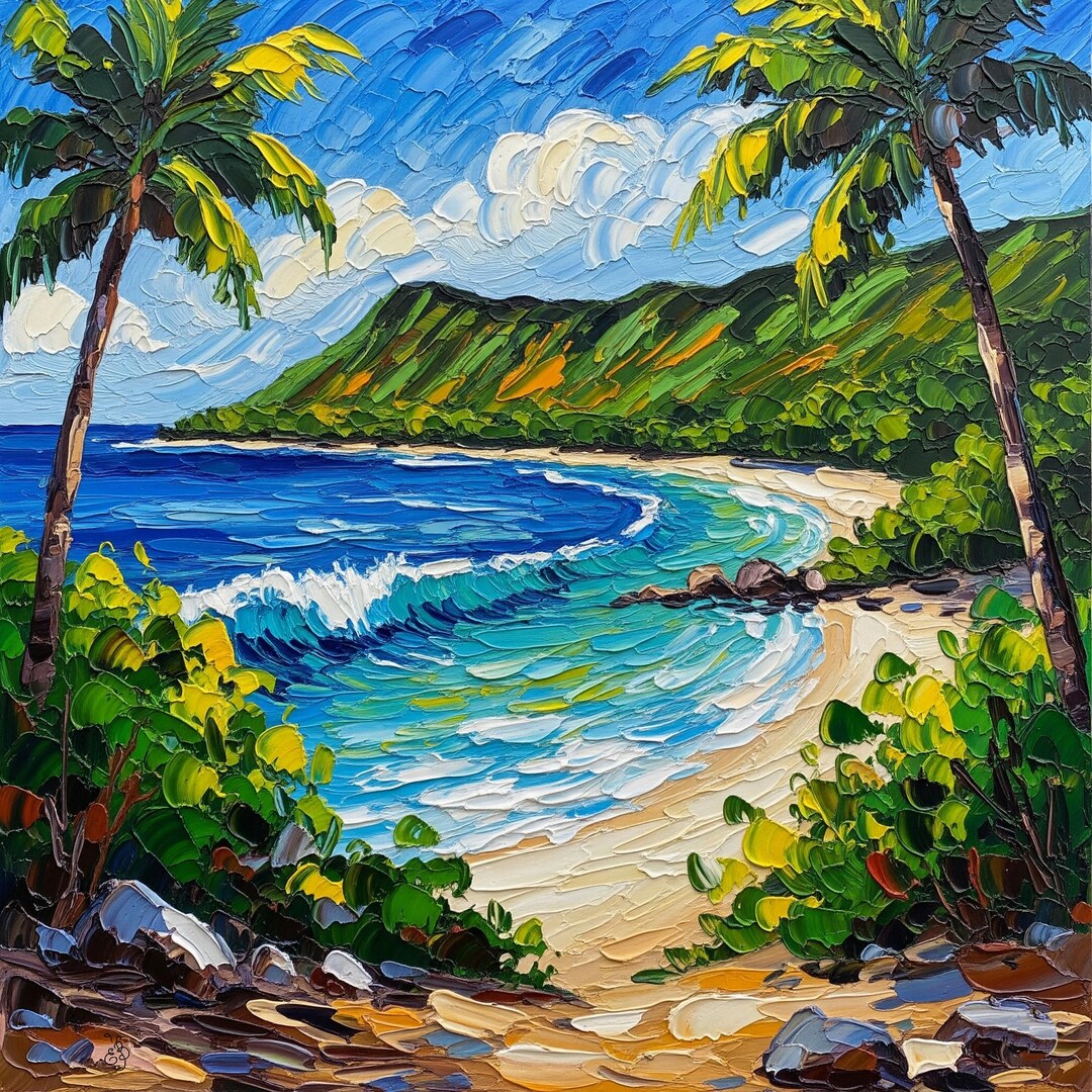 Oahu Hawaii Original Oil Painting Beach Palm Trees Seascape Impasto Art ...