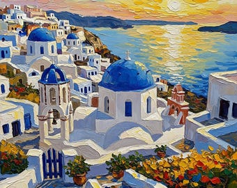 Santorini Painting Impasto Oil Original Greek Island Seascape Artwork Canvas by ArtElenaBerezina