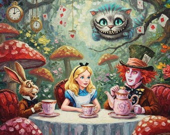 Alice in Wonderland Impasto Oil Painting Mad Hatter Cheshire Cat Mushroom Canvas by ArtElenaBerezina