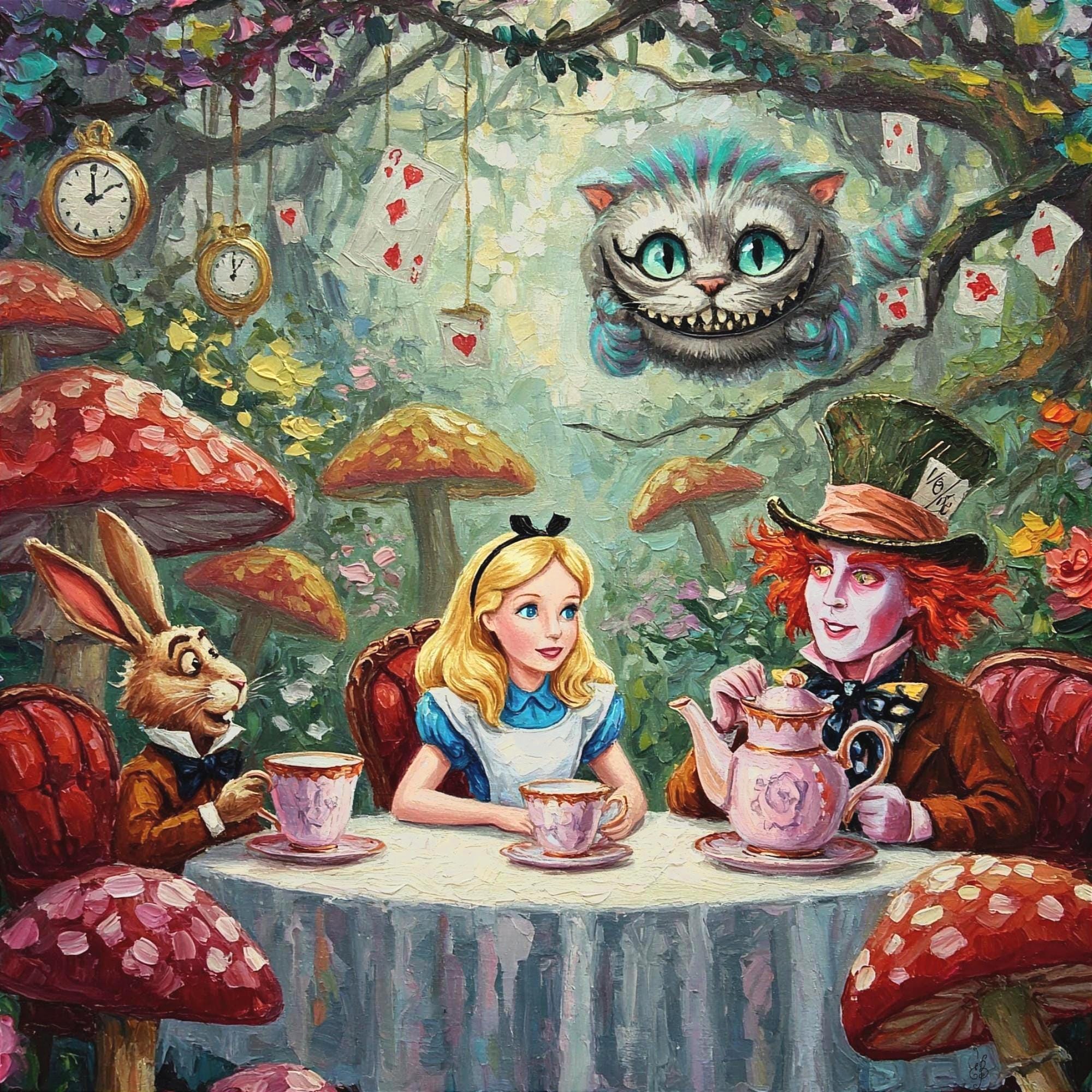 Alice in Wonderland Impasto Oil Painting Mad Hatter Cheshire Cat