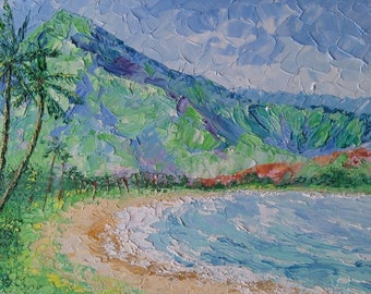 Hawaii Seascape Oil Painting Original Impasto Palm Trees Oahu Art (6x8 inches) Cardboard Custom