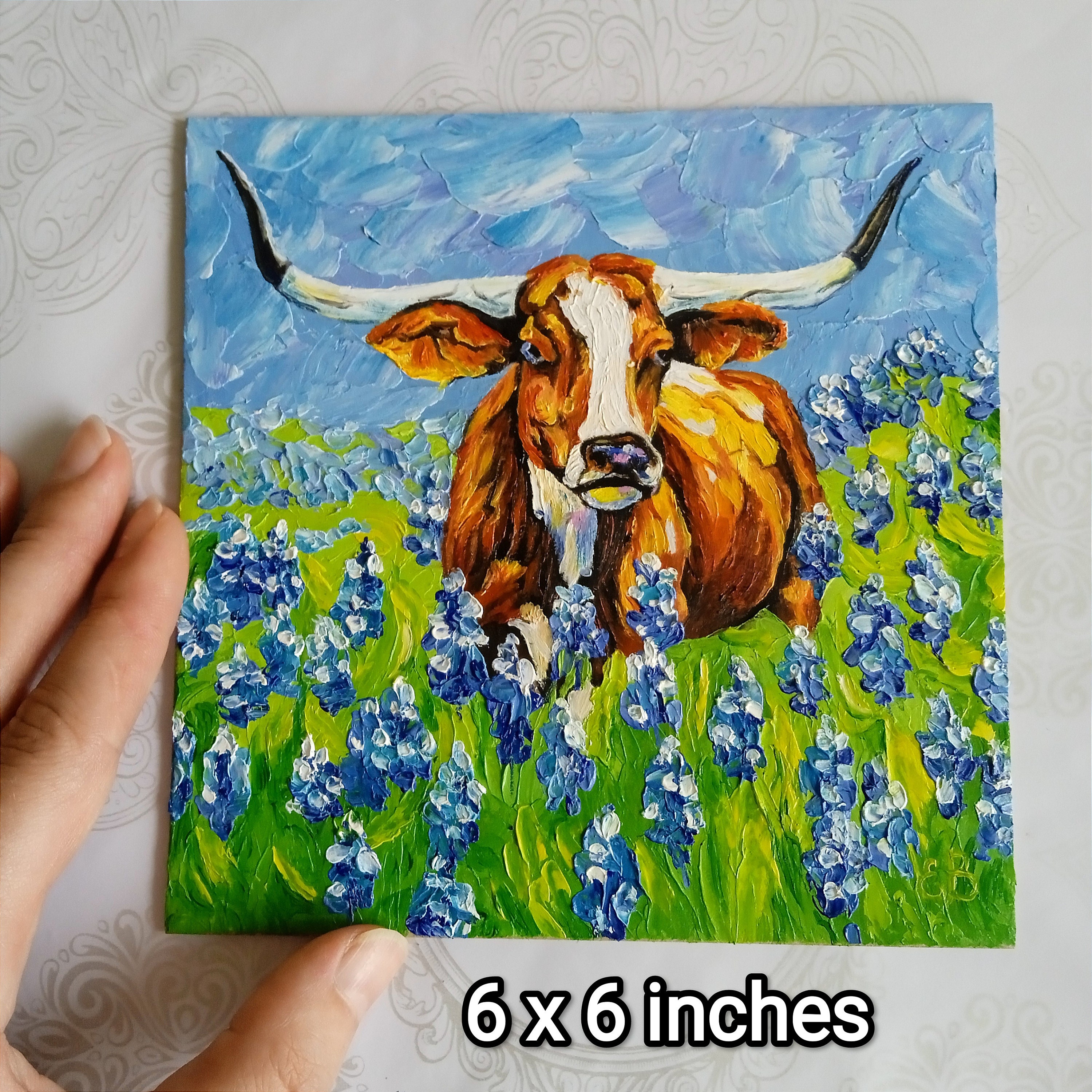 Longhorn Painting Bluebonnet Original Impasto Oil Texas Farmhouse