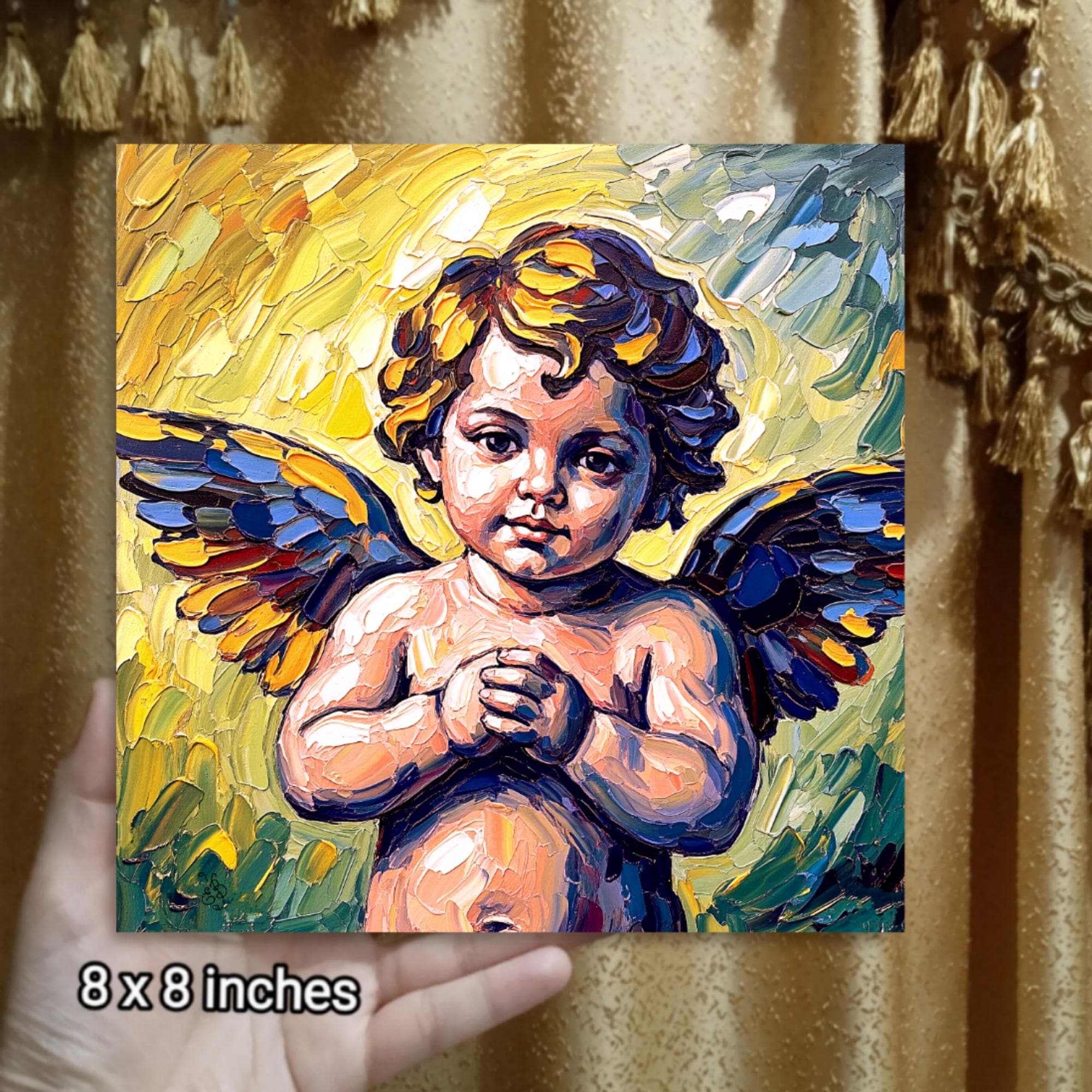 Vintage Cupid Oil Painting Original Cherub Angel Wall Art by