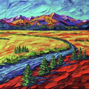 Colorado River Original Oil Painting Rocky Mountain Impasto Art Cardboard Custom