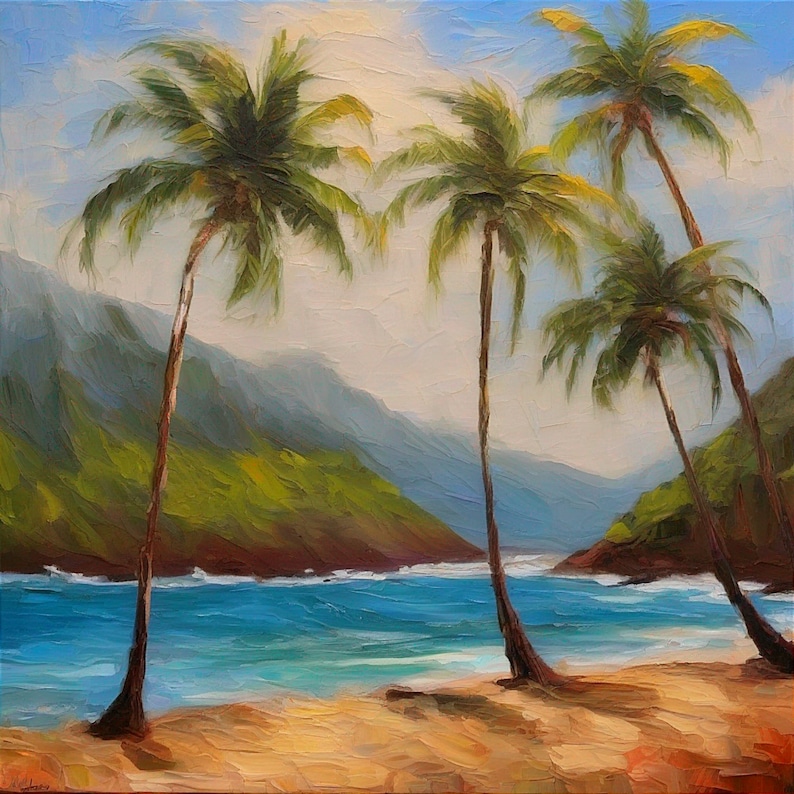 Oahu Hawaii Original Oil Painting Palm Tree Seascape Impasto Art ...