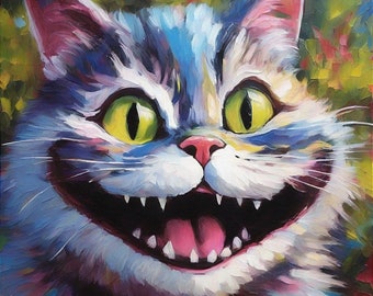 Cheshire Cat Original Oil Painting Alice in Wonderland Gothic Wall Art Impasto Canvas Custom