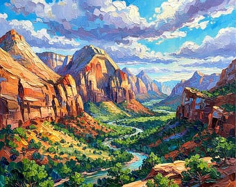 Zion National Park Original Oil Painting Utah Canyon Landscape Art Canvas by ArtElenaBerezina