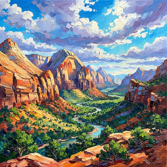 Zion National Park Original Oil Painting Utah Canyon Landscape Art Canvas by ArtElenaBerezina