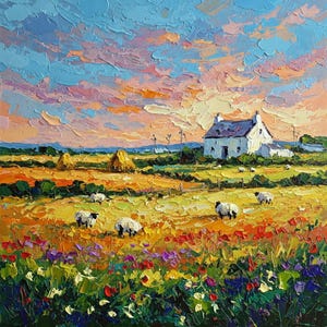 Ireland Painting Cottage Original Art Sheeps Painting Lamb Art Farm Animal Impasto Oil Artwork Custom Gift by ArtElenaBerezina