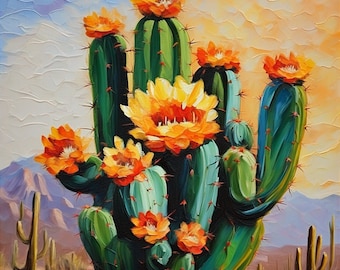 Saguaro Cactus Impasto Oil Painting Original Arizona Desert Flower Art Cardboard Custom