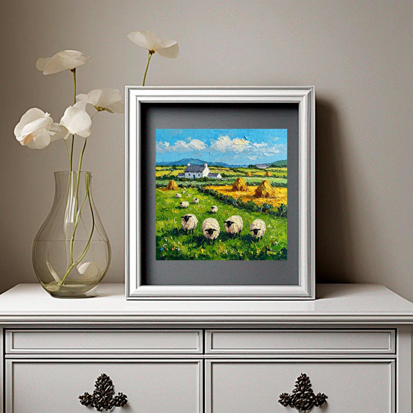 Ireland Cottage Painting Sheep Original Oil Lamb Art Impasto Cardboard ...