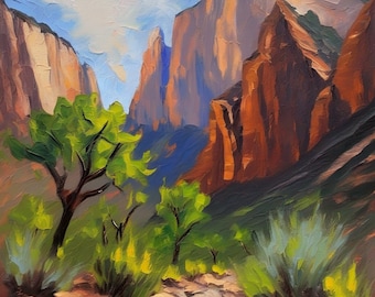 Zion National Park Oil Painting Original Utah Canyon Landscape Art Impasto Cardboard Custom
