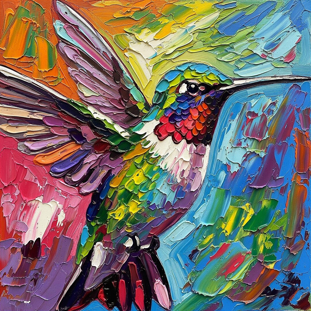 Hummingbird Original Oil Painting Impasto Bird Art Cardboard