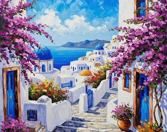 Santorini Painting Impasto Original Oil Greek Island Seascape Canvas by ArtElenaBerezina