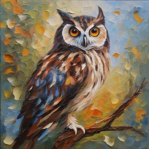 Owl Painting Bird Original Art Animal Eagle Owl Artwork Impasto Oil Painting 8 x 8 inches Custom Gift Painting