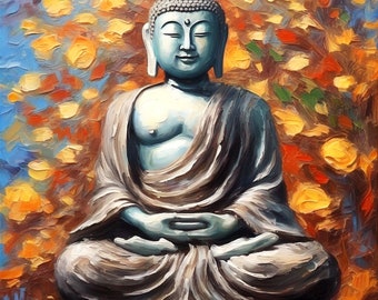 Original Buddha Statue Ölgemälde Original Impasto Palettenmesser Kunst von ArtElenaBerezina