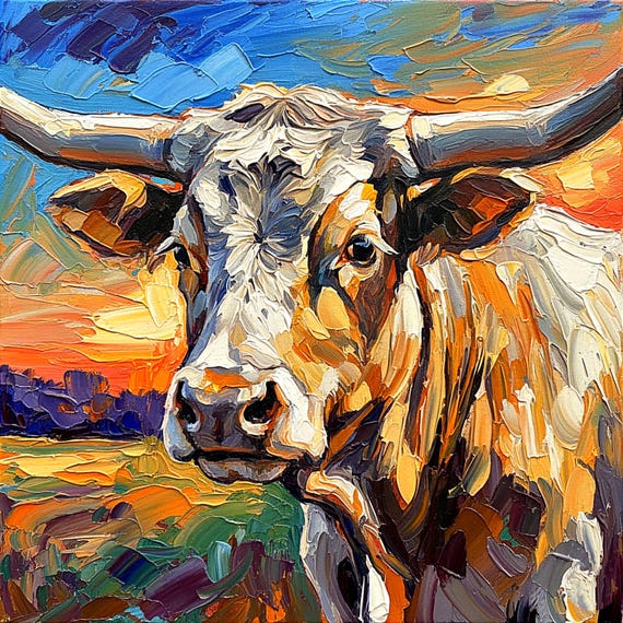 Longhorn Cow Oil Painting Original Texas Wildflower Impasto Art by
