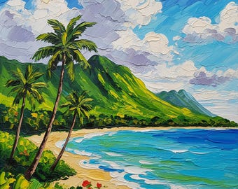 Oahu Hawaii Seascape Original Oil Painting Tropical Palm Tree Art