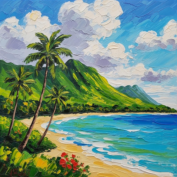 Oahu Hawaii Seascape Original Oil Painting Tropical Palm Tree Art