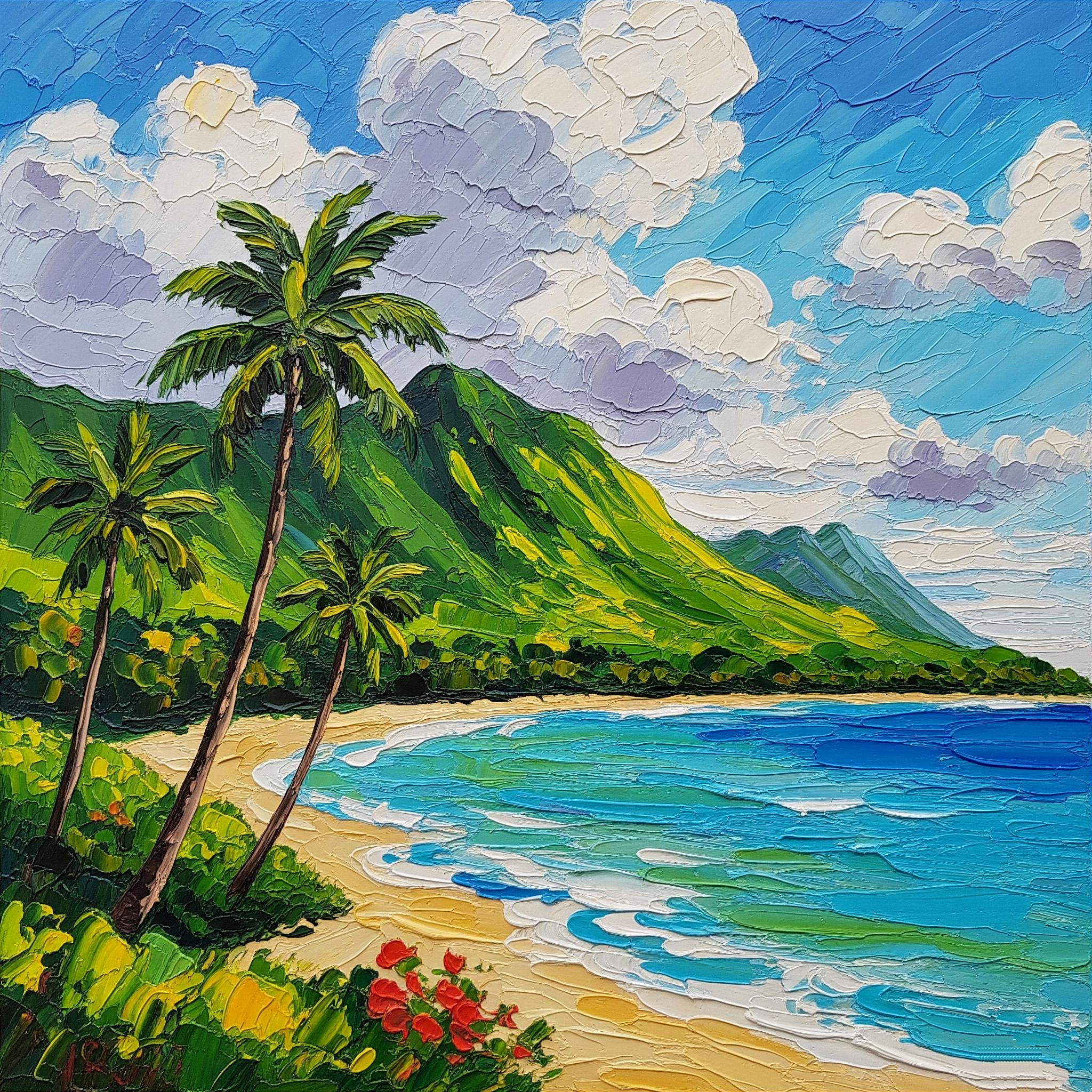 Oahu Hawaii Seascape Original Oil Painting Tropical Palm Tree Art