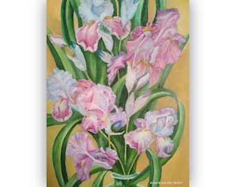 Original Irises Oil Painting Floral Impasto Art 8x9 in.