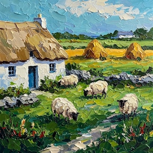 Ireland Painting Cottage Original Art Sheep Painting Lamb Art Farm Animal Impasto Oil Artwork Custom Gift by ArtElenaBerezina