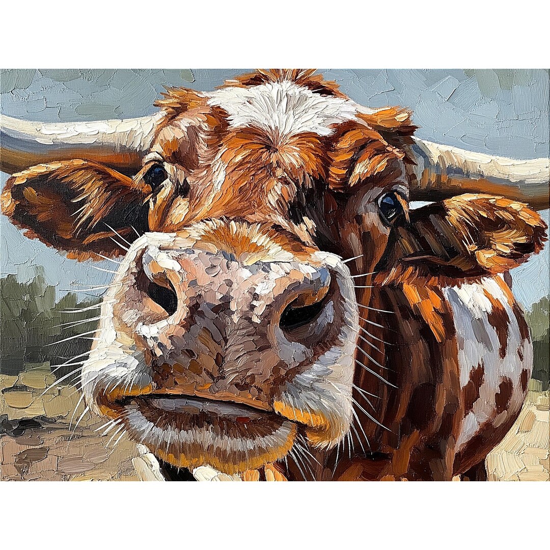 Longhorn Impasto Oil Painting Texas Cow Original Art Animal Canvas