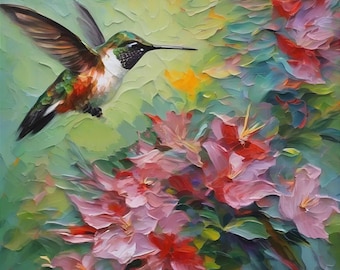 Hummingbird Original Oil Painting Impasto Floral Bird Wall Art by ArtElenaBerezina