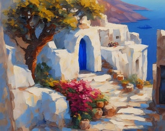 Santorini Greece Painting Original Impasto Oil Seascape Artwork by ArtElenaBerezina
