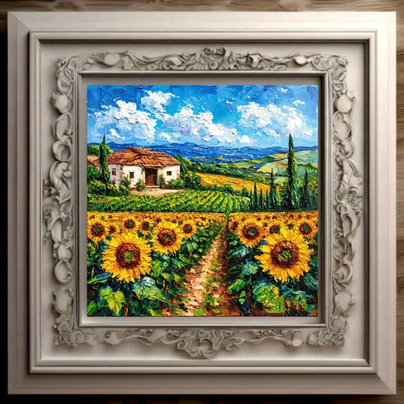 Tuscany Sunflower Original Oil Painting Italian Meadow Landscape Art ...