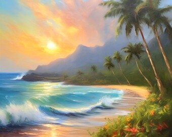 Oahu Painting Seascape Oil Original Hawaii Beach Palm Trees Art Impasto Canvas by ArtElenaBerezina