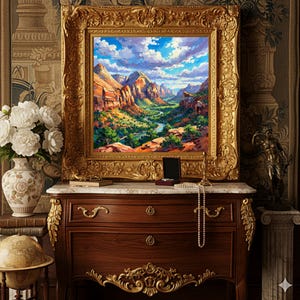 May include: A landscape painting in a large, ornate gold frame. The artwork depicts a canyon scene with red rock formations, a river, and a blue sky with clouds. The painting rests on a dark wood dresser with gold accents, alongside a vase of white flowers.