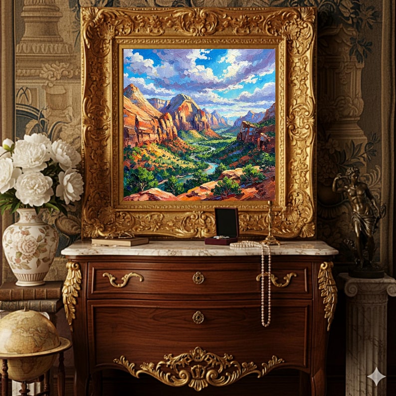 May include: A landscape painting in a large, ornate gold frame. The artwork depicts a canyon scene with red rock formations, a river, and a blue sky with clouds. The painting rests on a dark wood dresser with gold accents, alongside a vase of white flowers.
