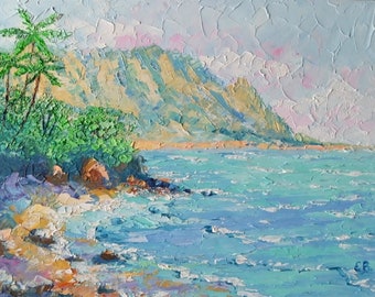 Oahu Hawaii Painting Seascape Original Oil Palm Tree Impasto Art (6x8 inches) Cardboard Custom