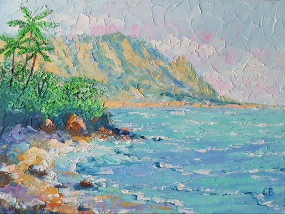 Oahu Hawaii Painting Seascape Original Oil Palm Tree Impasto Art (6x8 inches) Cardboard Custom