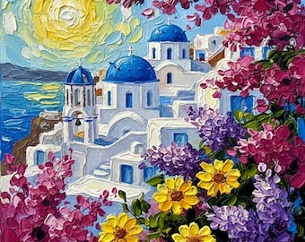Santorini Impasto Oil Painting Greek Island Seascape Art by ArtElenaBerezina
