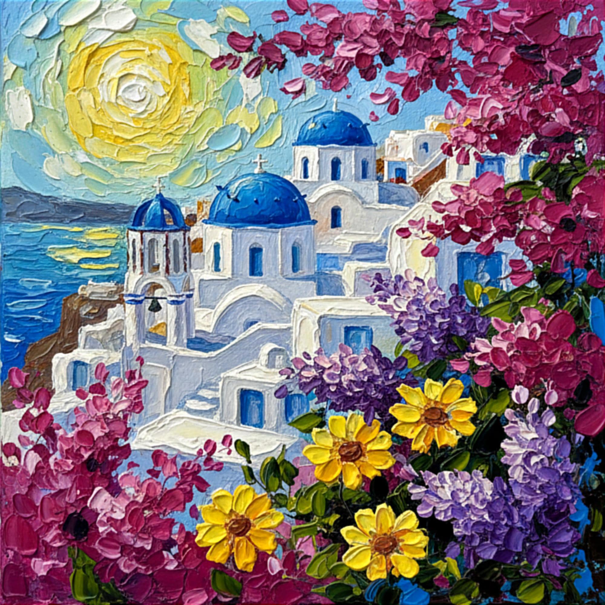 Santorini Impasto Oil Painting Greek Island Seascape Art by