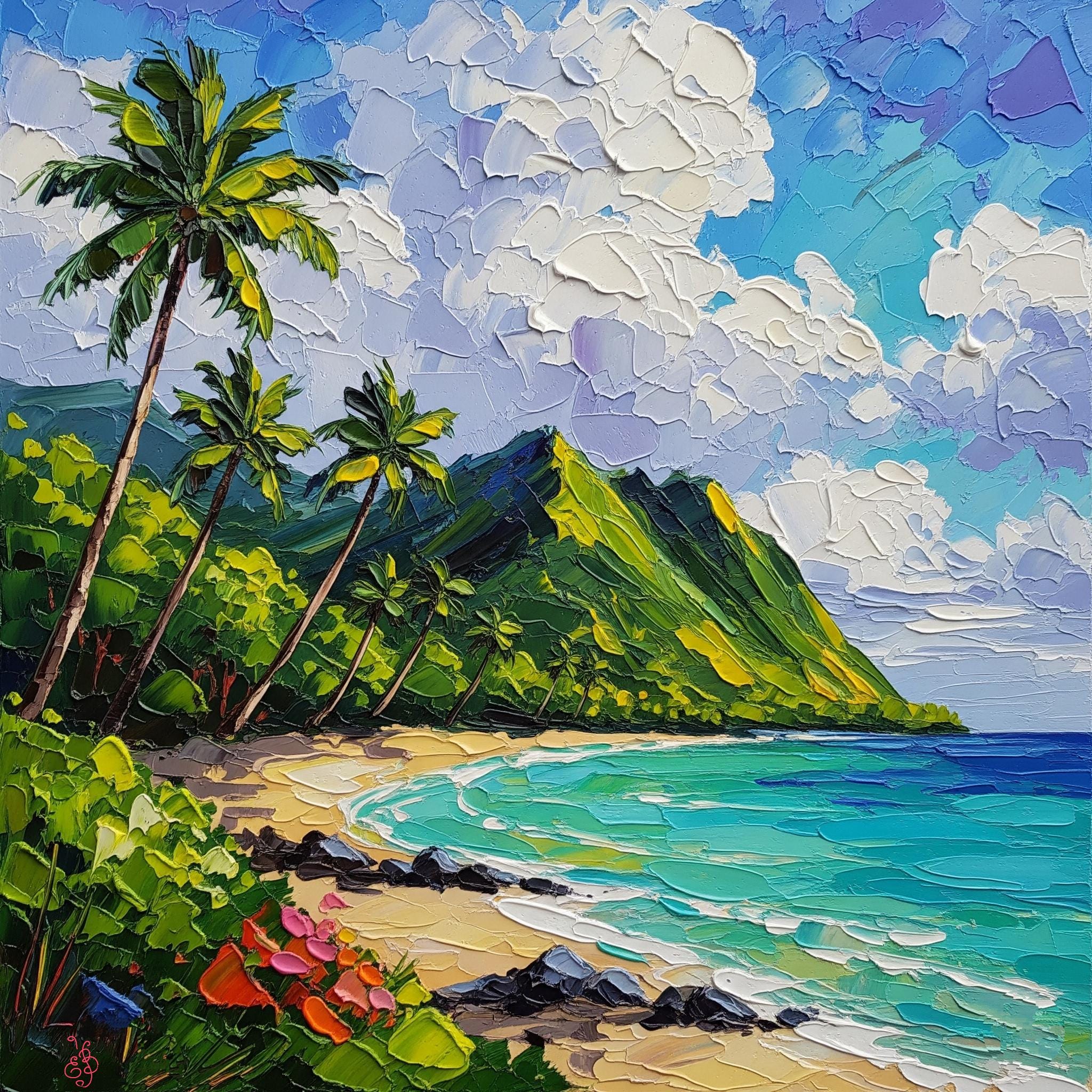 Oahu Hawaii Seascape Original Oil Painting Tropical Palm Tree Art