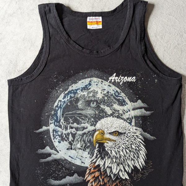 Vintage "Arizona" Eagle Graphic Tank Top Shirt Adult Medium  Black 90s Eagle and Moon Reflection Night Scene Made In USA Hazelwoods 1994