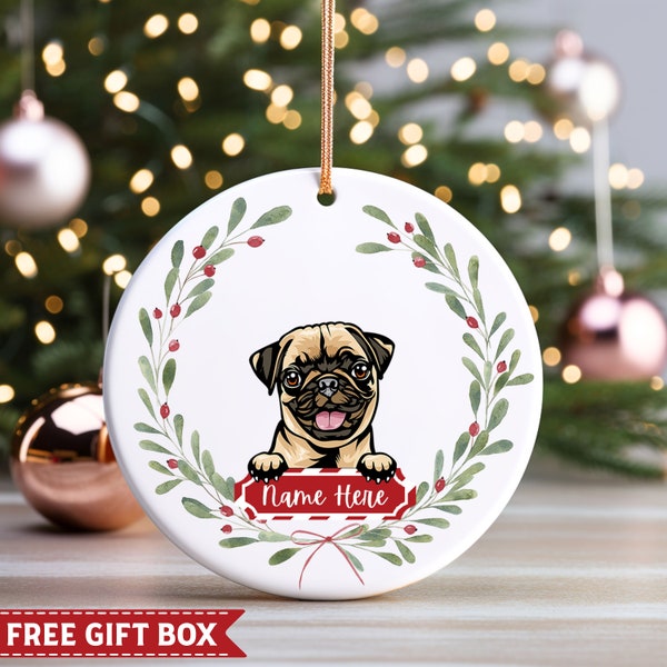 Pug Christmas Ornament, Custom Personalized Pug Ornament Gift, Pug Breed Gifts for Owner, Black Pug Gift