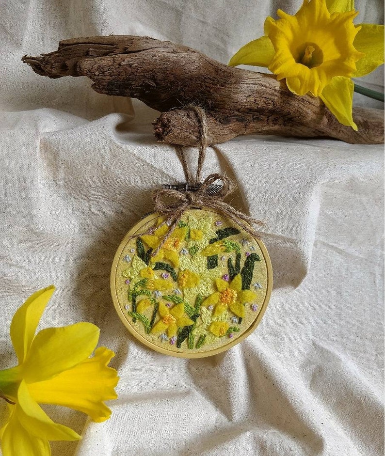 A Field of Daffodils ~ Hand embroidered springEaster hoop FREE UK DELIVERY wooden frame sustainably made