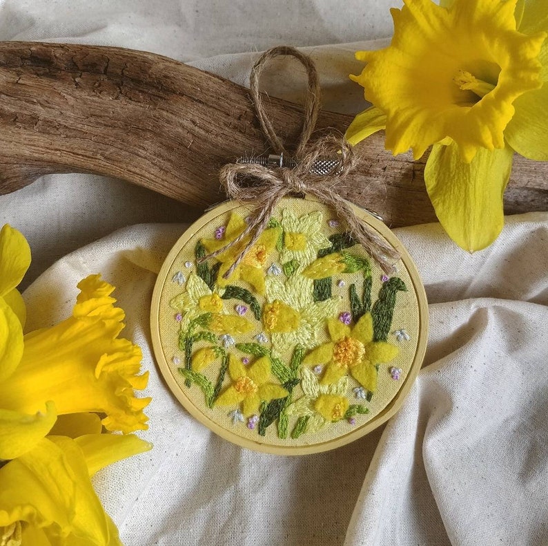 A Field of Daffodils ~ Hand embroidered springEaster hoop FREE UK DELIVERY wooden frame sustainably made