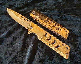 Polished Gold Color Folding Knife - Free Engraving & Shipping