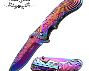 Free engraving!  Free Shipping! Femme Fatale Rose cut rainbow color knife.