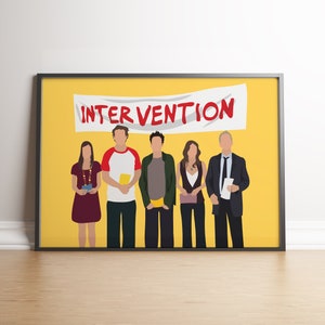 May include: A yellow background with a banner that reads "INTERVENTION". Six people stand in front of the banner. Three men and three women are wearing casual clothing. The men are wearing red, green, and blue shirts. The women are wearing a red dress, a green dress, and a blue dress.