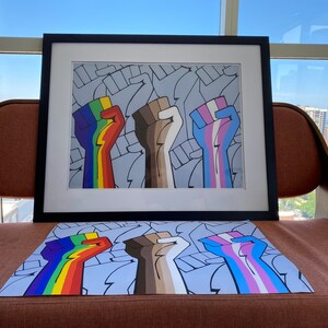 May include: Four raised fists, each painted with a different color scheme representing different identities, are shown against a background of repeated fists. The fists are painted in rainbow, brown, white and blue with a pink stripe.