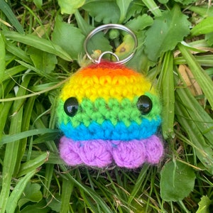 May include: A crocheted rainbow octopus keyring with purple tentacles and black eyes.