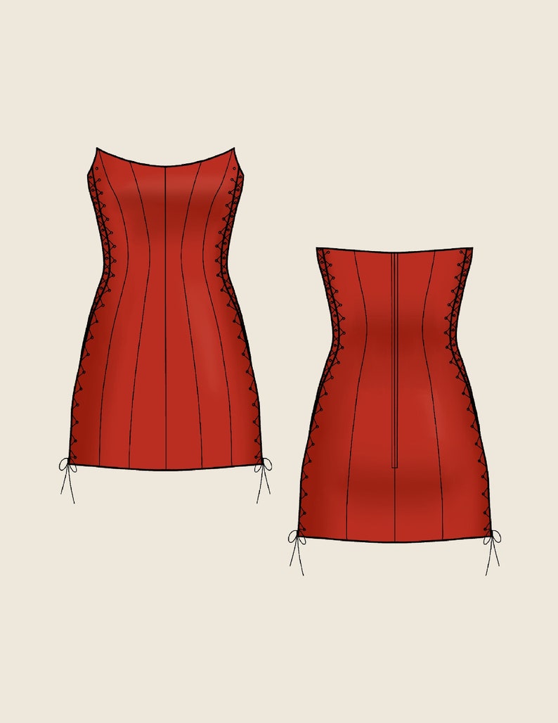 Peut inclure: Une mini-robe rouge avec des d&eacute;tails en dentelle noire et des fermetures &agrave; nouer en bas.